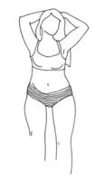 Vektor-Doodle-Zeichnung. Übergewichtige Frau in einem Badeanzug, Bikini. schöne junge Frau plus Größe isoliert auf weißem Hintergrund. einfache Linienzeichnung. body positive, feminismus, sommer, strandurlaub vektor