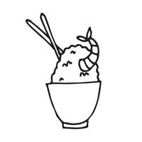 Vektorzeichnung im Stil von Doodle. Reis mit Garnelen. Mittagessen, asiatisches Essen, Reis mit Meeresfrüchten. Clipart isoliert auf weißem Hintergrund vektor