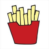 vektor illustration i doodle stil, tecknad. pommes frites. söt snabbmatsikon, pommes frites i röd påse. ClipArt av produkten