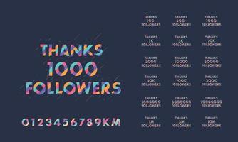 tack anhängare gratulationskort bunt. tack 1000, 1k, 10000, 10k, 50k, 1m, 5m följare firande sociala medier paketdesign. vektor