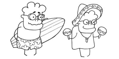 söt doodle vektor ritning. äldre par på sommarlov. farfar och mormor resor, pension semester.
