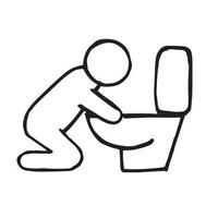 einfache Vektorillustration im Doodle-Stil. eine Person ist krank wegen der Toilette. Vergiftung durch medizinische Symbole, Reisekrankheit, Übelkeit, Erbrechen. kranker Mann in der Toilette. vektor