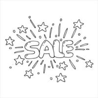 Vektorillustration im Doodle-Stil. Feuerwerk, Grüße, Kanfiti und Sterne rund um den Inschriftenverkauf. Wort Verkauf. einfaches handgezeichnetes Logo. vektor