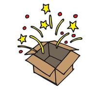Aktienvektor-Illustrationszeichnung im Gekritzelstil. Kiste mit Feuerwerk. süßes Symbol ist ein Symbol für Überraschung, Urlaub, Geschenk. bunte feuerwerkssterne und grüße. flaches Bild vektor