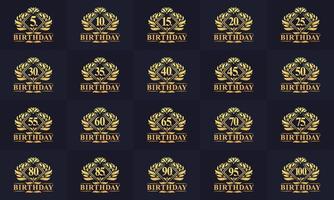 alles gute zum geburtstag logo bündel. Retro-Vintage-Geburtstags-Logo-Set. 5., 10., 15., 20., 25., 30., 35., 40., 45., 50., 55., 60., 65., 70., 75., 80., 85., 90., 95., 100. Geburtstagsfeier vektor