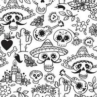 vektorritning i doodle stil. seamless day of the dead i Mexiko. glada målade dödskallar i en sombrero. el dia de muertos vektor