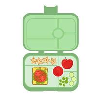 lunchbox - mahlzeitbehälter mit sandwich, birne, eiern, ketchup, keksen. schulmahlzeit, kindermittagessen. gesunde mahlzeiten storage.vector illustration im flachen stil, isoliert auf weißem hintergrund vektor