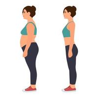 junge Frau mit übergewichtigem und schlankem Körper in Sportbekleidung. vor und nach Gewichtsverlust. vektorillustration lokalisiert auf weiß. vektor