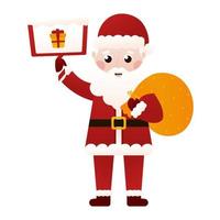 weihnachtsmann-charakter, der schild mit geschenkbox im karikaturstil auf weißem hintergrund, weihnachtsclipart für plakat hält