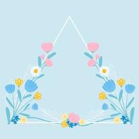 Blumendreieckrahmen für Hochzeitseinladung oder Postkartenschablone mit auf blauem Hintergrund, Handzeichnungsblumen vektor