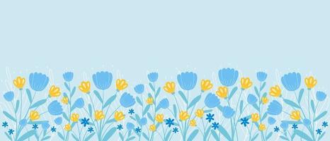 våren bakgrund med gränsen av blommande blommor och blad i handritad stil, horisontell banner mall vektor