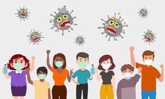menschen, die medizinische masken tragen, halten alkoholgel in der hand. Lasst uns das Coronavirus bekämpfen. die Ausbreitung des Corona-Virus hemmen. vektor