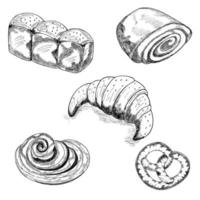 bageriprodukter. svart och vitt set. croissant, syltbulle, bagel, bullar med vallmofrön. en illustration markerad på en vit background.drawing för hand vektor