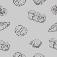 Bäckereiprodukte. nahtloses muster.croissant, marmeladenbrötchen, bagel, hala, brötchen mit mohn. eine auf grauem Hintergrund hervorgehobene Illustration. vektor