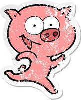 bedrövad klistermärke av en glad rinnande gris tecknad serie vektor