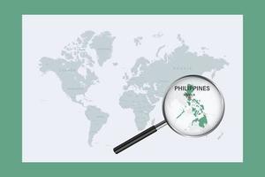 karta över Filippinerna på politisk världskarta med förstoringsglas vektor