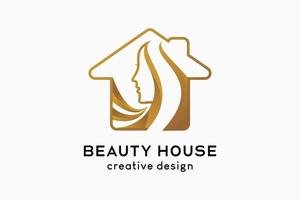 Beauty-Home-, Salon- oder Haarpflege-Logo-Design. der weibliche kopf verbindet sich mit der hausikone zu einem kreativen konzept. vektor