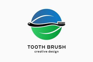 Zahnbürsten-Logo-Design, Silhouette einer Zahnbürste, gemischt mit Blättern in einem Kreis vektor