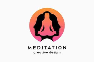 Meditations-Logo-Design, Silhouette einer meditierenden Frau mit zwei weiblichen Gesichtern in Punkten vektor