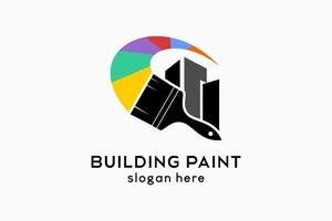 Logo-Designs für Wandfarbe oder Gebäudefarbe, Pinselsilhouetten und Gebäudesymbole kombiniert mit Regenbogenpinselstrichen vektor