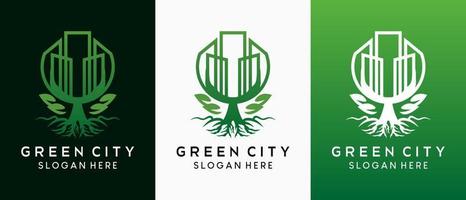Grünes Stadtlogodesign mit kreativem Konzept, Baumsymbol verschmilzt mit Gebäude in Strichzeichnungen vektor