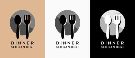 middagslogotypdesign med ett kreativt koncept, perfekt för en middagsrestaurangverksamhet. siluett av sked och gaffel i månen ikon vektor