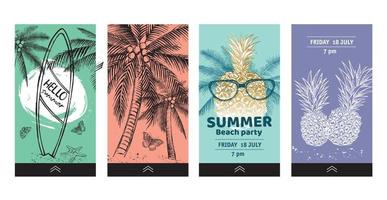 redigerbar berättelsemall. hej sommar, palm, glas, ananas. handritad illustration. vektor