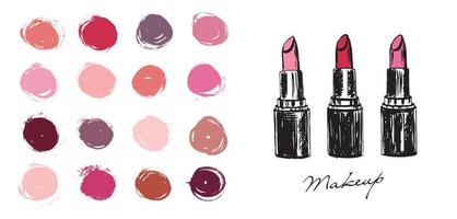 Schminkset. lippenstift hand gezeichnete illustration. vektor