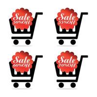 Rote Verkaufssymbole setzen 50, 55, 60, 70 Prozent Rabatt mit Einkaufswagen vektor