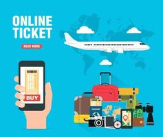 köpa biljetter online. tid att resa konceptdesign platt banner med flygplan vektor