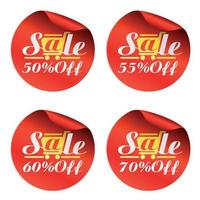 rote Verkaufsaufkleber 50, 55, 60, 70 Prozent Rabatt mit goldenem Einkaufswagen vektor