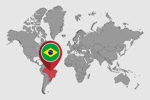 pin-karte mit brasilien-flagge auf weltkarte. vektorillustration.