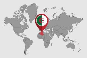 nåla karta med Algeriets flagga på världskartan. vektor illustration.