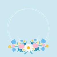 Blumenkreisrahmen für Hochzeitseinladung oder Postkartenschablone mit auf blauem Hintergrund, Handzeichnungsblumen vektor