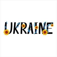 ordet Ukraina med blommor av blåklint och solrosor i tecknad stil, stå med Ukraina, stoppa kriget, be för fred vektor