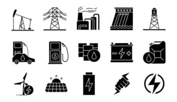 Glyphensymbole für elektrische Energie gesetzt. Elektrizität. Stromerzeugung und Akkumulation. elektrische Energiewirtschaft. alternative Energiequellen. Silhouettensymbole. vektor isolierte illustration