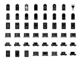 Glyphensymbole für elektrische Energie gesetzt. Smartphone, Laptop und Elektroauto aufladen. Akkumulation elektrischer Energie. Batteriestandsanzeige. Silhouettensymbole. vektor isolierte illustration