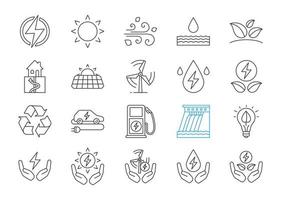 alternative energiequellen lineare symbole gesetzt. Ökostrom. erneuerbare Ressourcen. Wasser, Sonne, Wärme, Windenergie. dünne Linienkontursymbole. isolierte vektorumrissillustrationen. editierbarer Strich