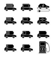 elbil batteriladdning glyph ikoner set. bilbatterinivåindikator. hög, mellan och låg laddning. miljövänlig bil. siluett symboler. vektor isolerade illustration