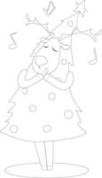 Malvorlage mit einem singenden Hirsch, der als Weihnachtsbaum verkleidet ist vektor