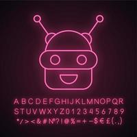 Symbol für Chatbot-Neonlicht. Talkbot. moderner Roboter. Android lachender Chat-Bot. virtueller Assistent. Gesprächspartner. leuchtendes zeichen mit alphabet, zahlen und symbolen. vektor isolierte illustration