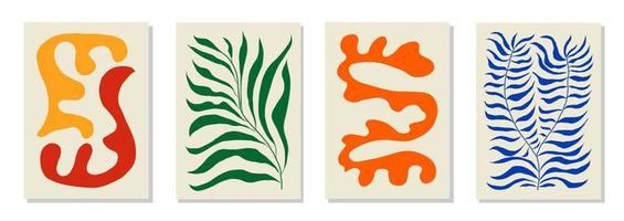 Set aus 4 von Matisse inspirierten Wandkunstpostern, Broschüren, Flyervorlagen, zeitgenössischen Collagen. organische Linie abstraktes Muster, handgezeichnetes Design, einfache Tapete. dynamische Formen grafischer Vintage-Vektor vektor