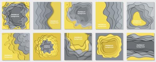 Vektorsammlung von 10 Hintergründen mit gelben und grauen Papierschnittformen. 3D abstrakter Papierkunststil, Designlayout für Geschäftspräsentationen, Flyer, Poster, Drucke, Dekoration, Karten, Broschüren