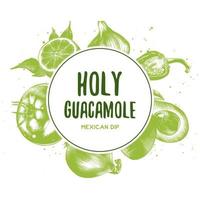 vektor vintage bakgrund med graverade handritade skisser av guacamole ingredienser. ekologiska hantverksgrönsaker och kryddor illustrationer. mexikansk mat ovanifrån ram. mat meny formgivningsmall.
