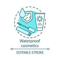 Symbol für das Konzept der wasserdichten Hautkosmetik. wasserfeste mascara, sonnenschutzcreme idee dünne linienillustration. Make-up-Produkte wasserdichte Formel. Vektor isoliert Umrisszeichnung. editierbarer Strich