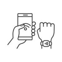nfc-armband verbunden mit dem linearen symbol des smartphones. dünne Liniendarstellung. NFC-Telefon mit Smartwatch synchronisiert. RFID-Armband. Kontursymbol. Vektor isoliert Umrisszeichnung. editierbarer Strich