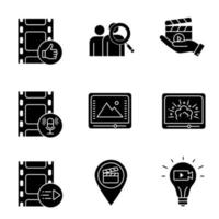 Filmindustrie-Glyphen-Symbole gesetzt. Postproduktion, Publikum, Filmstart, Tonaufnahme, Farbkorrektur, visuelle Effekte, Animation, Drehorte, Idee. Silhouettensymbole. vektor isolierte illustration