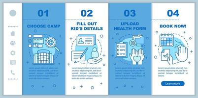 camps wahl, buchung onboarding mobile webseiten vektorvorlage. reaktionsschnelle smartphone-website-schnittstellenidee mit linearen illustrationen. Webseiten-Walkthrough-Schrittbildschirme. Farbkonzept vektor