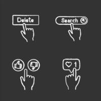 app knappar krita ikoner set. klick. radera, sök, gilla och ogilla, gilla-räknare. isolerade svarta tavlan vektorillustrationer vektor