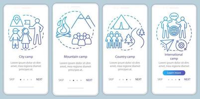 reisen, naturcamps onboarding mobile app seitenbildschirm vektorvorlage. campingurlaub, reise. Walkthrough-Website-Schritte mit linearen Illustrationen. ux, ui, gui smartphone-schnittstellenkonzept vektor